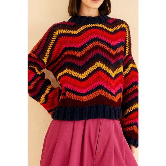 FARM Rio_Colorful Waves Crochet High Neck Sweater_Size XL - Picture 1 of 8